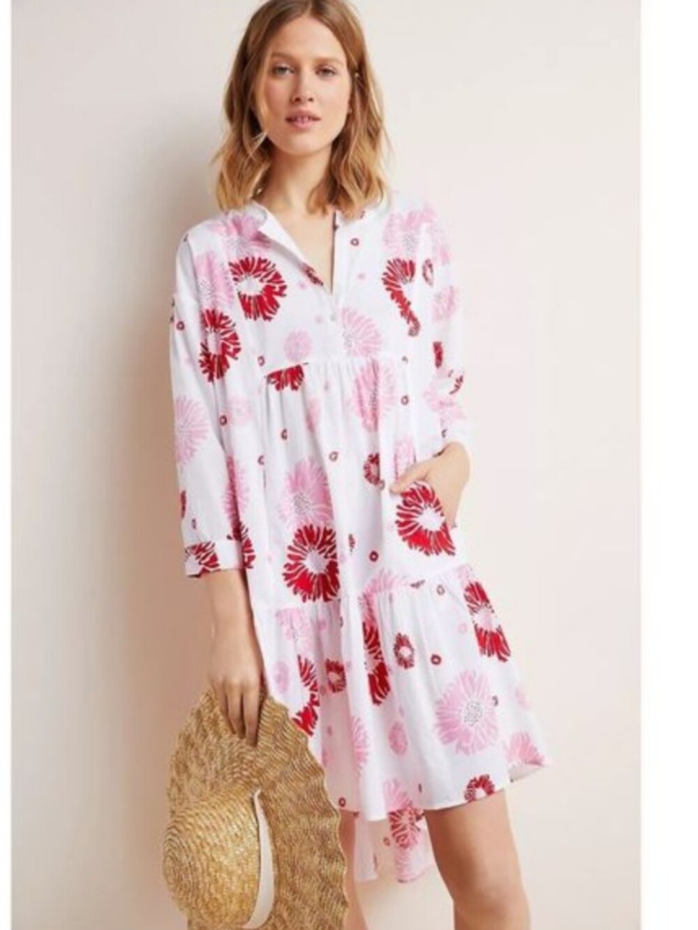 Ro's Garden Caroline Cover Up Tunic Dress 100% Cotton in Floral Pink Red Medium